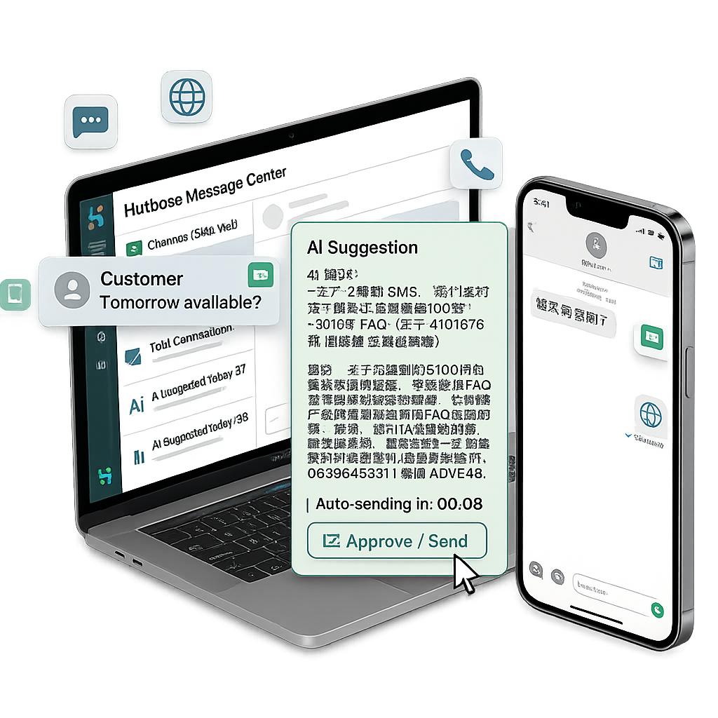 Hutbase Unified Inbox showing SMS, Email and Web messages